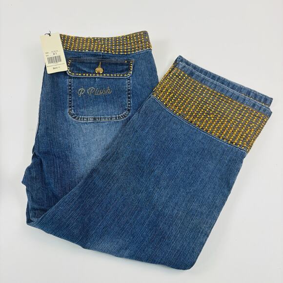 Platinum Plush Jeans Pants Women's 21 Blue Wide Straight Leg Cropped Embellished - Picture 3 of 16
